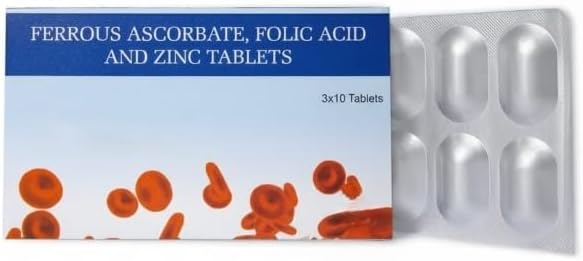 Ferrous Ascorbate and Folic Acid Tablets | with Zinc | Supplement for Iron Deficiency for Women and Men | Energy and Immunity Booster | 30 Tablets