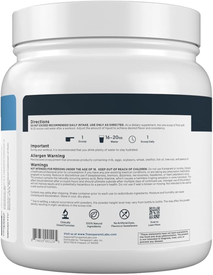 Transparent Labs Post - Post-Workout Recovery Muscle Builder with L-Glutamine Beta-Alanine and BetaPure Betaine Anhydrous for Muscle Recovery and Muscle Building - 30 Servings Strawberry Lemonade
