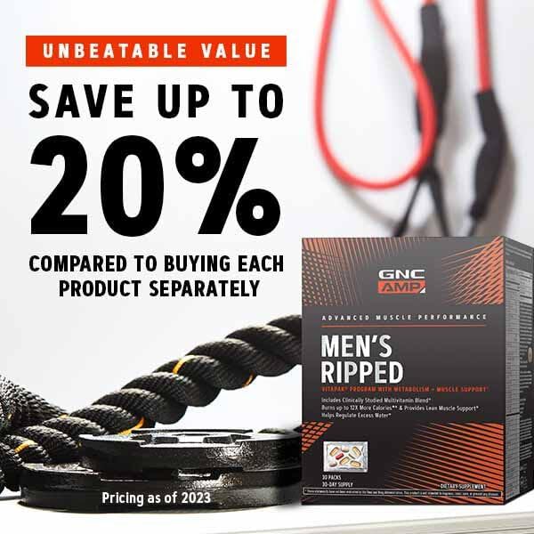 GNC AMP Men’s Ripped Vitapak Program 4 in 1 Product Vitamin Pack Metabolism &amp Lean Muscle Tone Burn Calories Water Shedding Adult Multivitamin Caffeine CLA Proven Ingredients 30-Day Suppl