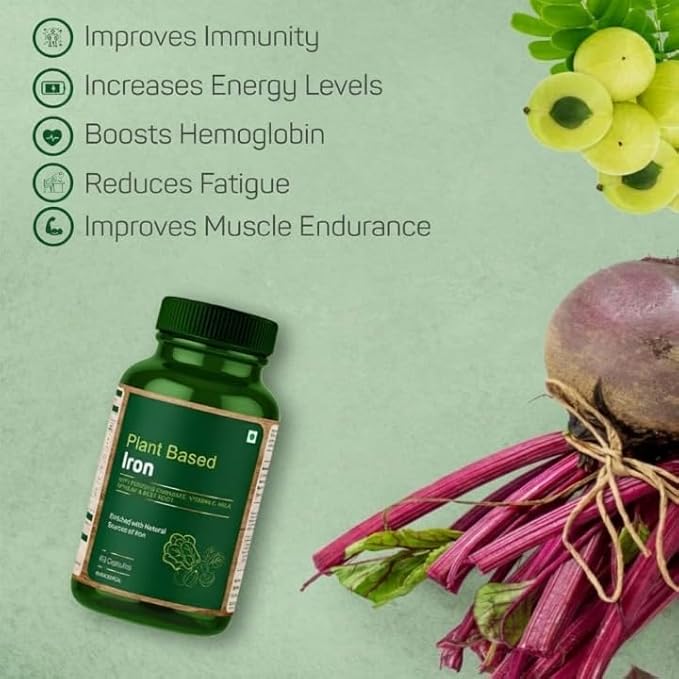 Plant Based Iron with Ferrous Fumarate Vitamin C Spinach &amp Beet Root Enriched with Natural Sources of Iron – 60 Capsules