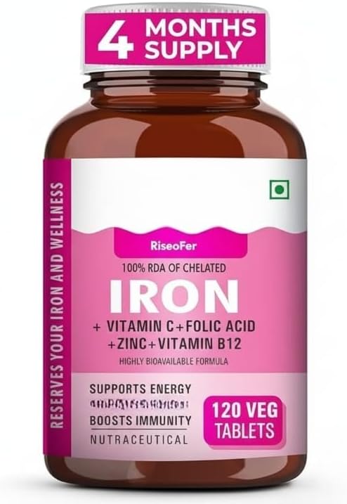 Chelated Iron + Vitamin C Tablets - 120 Veg Tablets with Vitamin B12 Zinc Folic Acid Beetroot Extract - High AbsorptionEnergy &amp Immunity 100% RDA