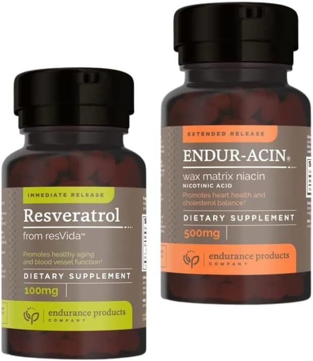 Endurance Products Resveratrol Supplement – Grape Skin Extract - 100mg Trans-Resveratrol Antioxidant and ENDUR-ACIN Niacin - Vitamin B3 Niacin 500mg Extended Release &amp Low-Flus