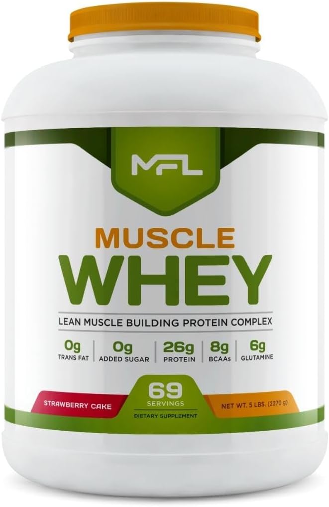 MFL Muscle Whey Protein 5 lbs l 26g of Protein l 8g BCAAs l 6g Glutamine l Low Carbs l 69 Servings (Strawberry Cake)