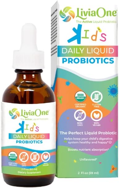 LiviaOne Daily Liquid Probiotics for Kids Probiotic Supplement for Digestive Health and Immune Support USDA-Certified Organic Vegan and Allergen-Free Non-GMO Probiotics 2 Fl Oz (Pack of 1)