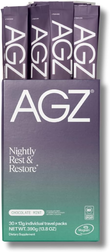 AG1 AGZ Sleep Drink – 30-Count Calming Sleep Aid Powder Melatonin-Free Nighttime Blend with Magnesium Ashwagandha Saffron &amp Valerian – Herbal &amp Adaptogen Drink Mix (Chocolate Mint)