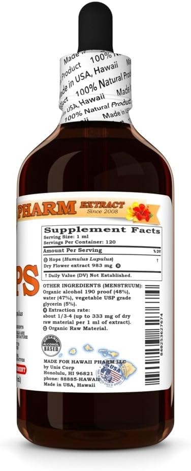 Hawaii Pharm Hops Extract Tincture for Restful Sleep and Calm Supports Digestive Comfort Promotes Relaxation Encourages Kidney Function - 4 fl.oz