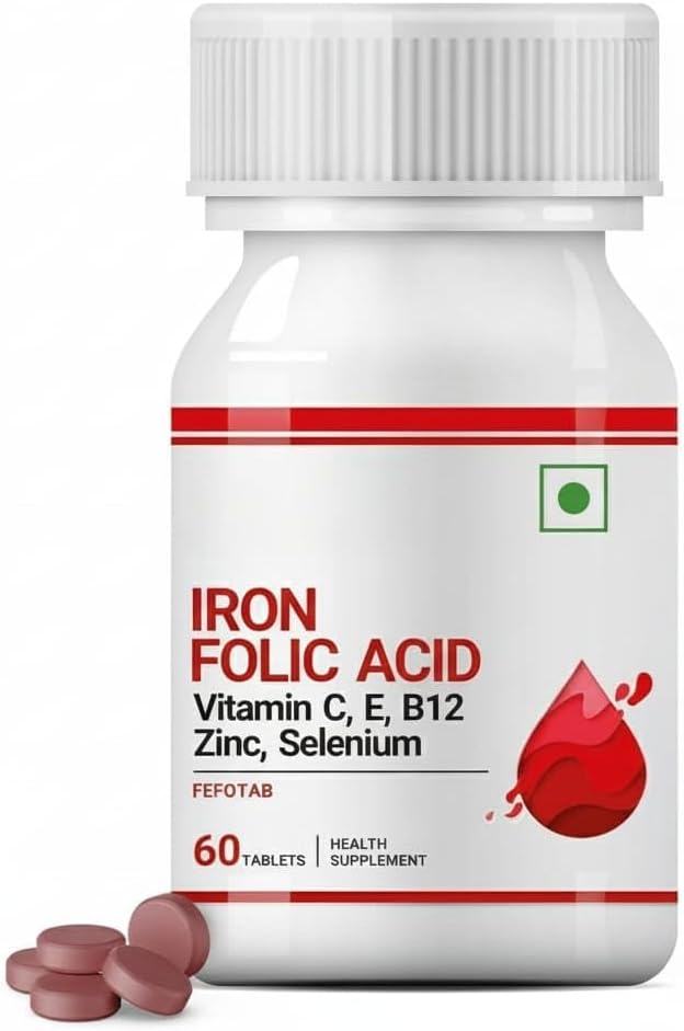 Iron Folic Acid Supplement with Vitamin C E B12 Zinc &amp Selenium for Men Women - 60 Tablets