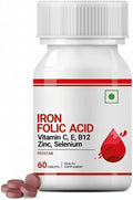 Iron Folic Acid Supplement with Vitamin C E B12 Zinc &amp Selenium for Men Women - 60 Tablets