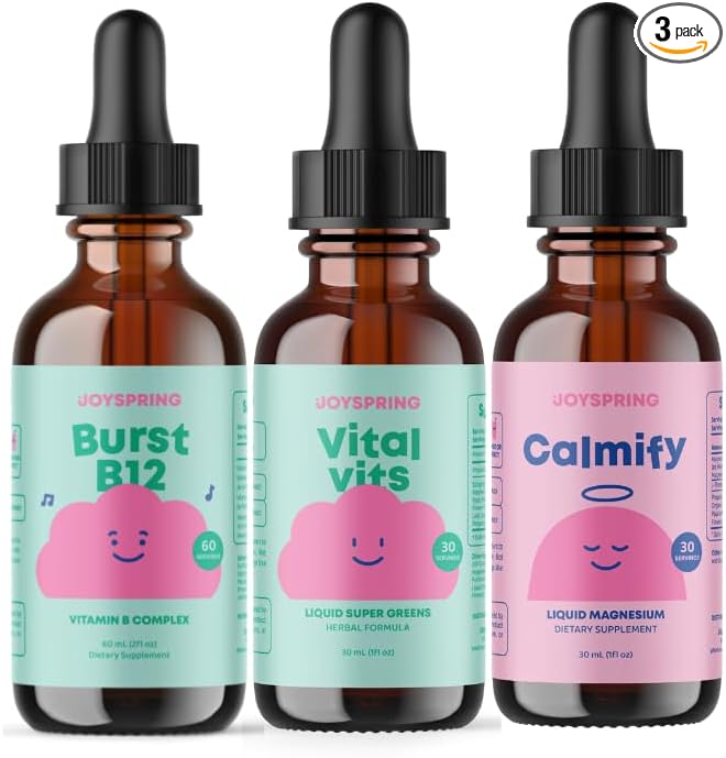 JoySpring B-Complex &amp Vital Vits with Magnesium Drops Bundle | Naturally Sourced Kids Vitamins &amp Minerals | Non-Alcoholic Sugar-Free Liquid Formula | Vegan &amp Vegetarian Liquid Drops Suppl