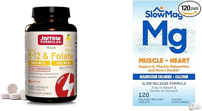Jarrow Formulas Extra Strength Methyl B-12 1000 mcg &amp Methyl Folate 400 mcg + P-5-P &amp SlowMag Muscle + Heart Magnesium Chloride with Calcium Supplement to Support Muscle Relaxation