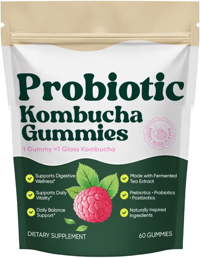 Probiotic Kombucha Gummies with Prebiotics Probiotics &amp Postbiotics – Digestive Support Fiber Gummy Supplement with Slippery Elm Dandelion Root &amp MCT Oil – Vegan Non-GMO 60 Gummies