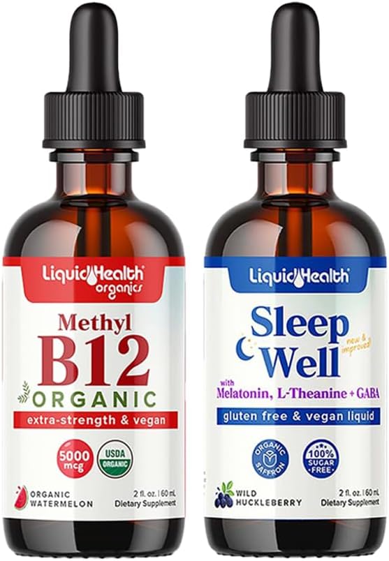 LIQUIDHEALTH Organic Methyl B12 5000mcg Vitamin Drops with Tart Cherry Juice &amp Sleep Well Melatonin Sleep Aid Drops - Boost Natural Energy Focus Concentration Promote Relaxation Improve Sleep