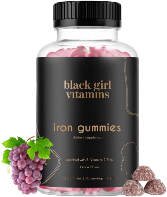 Black Girl Vitamins - Iron Gummies (20 mg) Supports Iron Deficiency &amp Anemia Gluten-Free Gelatin Free Made in The USA (Grape 60 Count) 30 Day Supply