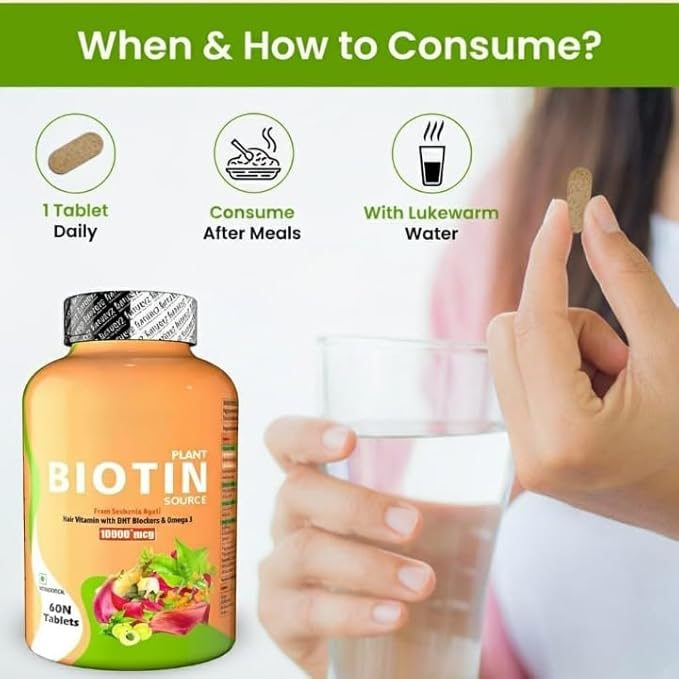 100% Plant Based Biotin Tablets with High Protein Vitamin DHT Omega 3 for Strong Hairs Nails Growth &amp Glowing Skin.
