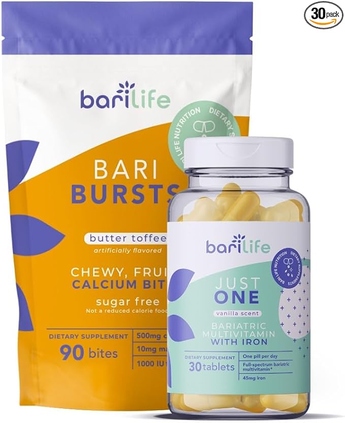 Bari Life Just One Once Daily Bariatric Multivitamin with Iron (30 Tablets) and BariBurst Calcium Citrate Soft Chews for Gastric Bypass Gastric Sleeve and Duodenal Switch (Butter Toffee)