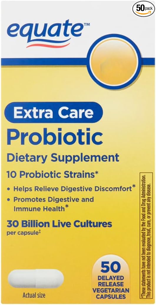 Equate Extra Care Probiotic Delayed-Release Capsules 30 Billion CFU 10 Strains 50 Count Sticker