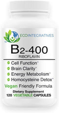 EcoIntegratives B2-400 Pure Riboflavin - Nervous System Health Homocysteine Detox Cardiovascular Helps Boost Energy Mental Clarity Metabolism and Cell Function 120 Vegan Capsules