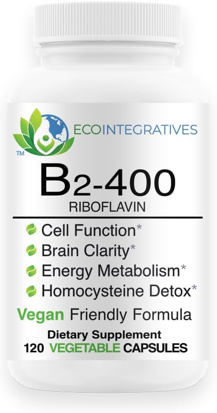 EcoIntegratives B2-400 Pure Riboflavin - Nervous System Health Homocysteine Detox Cardiovascular Helps Boost Energy Mental Clarity Metabolism and Cell Function 120 Vegan Capsules