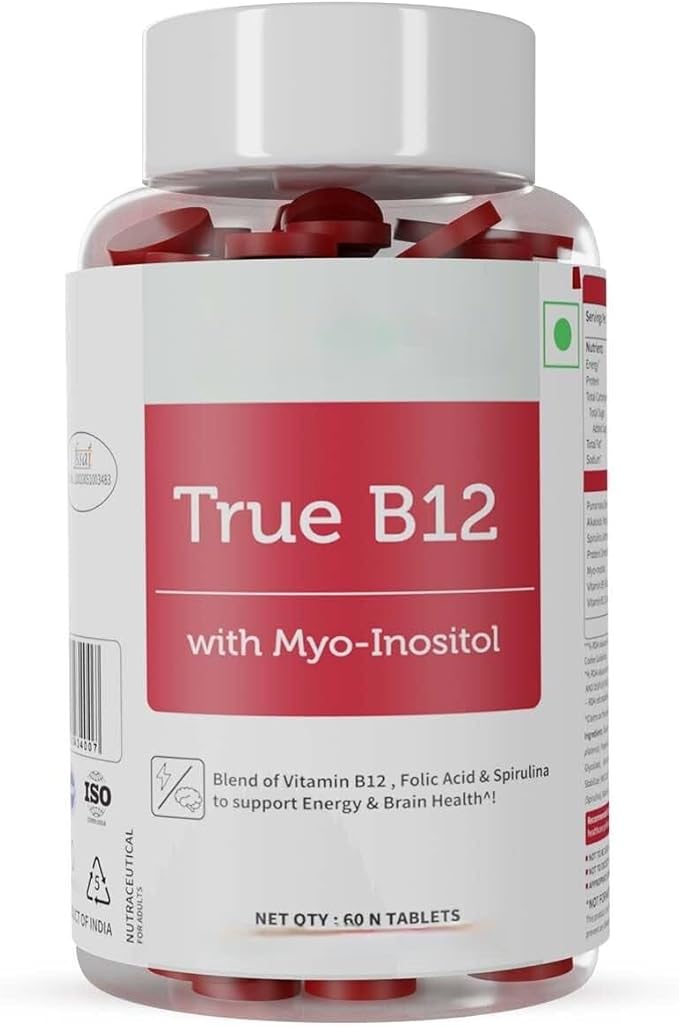 Plant-Based True B12 Supplements for Men &amp Women | with Myo-inositol Folic Acid &amp Spirulina | Supports Energy Brain Health &amp Better Absorption (60 Tablets)