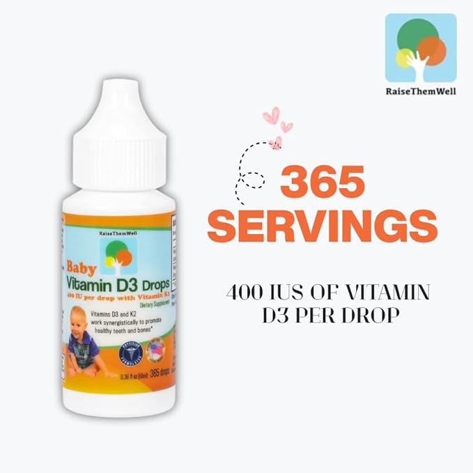 Raise Them Well- Vitamin D and K Drops for Bone and Teeth Health 365 Servings 0.36 fl/oz