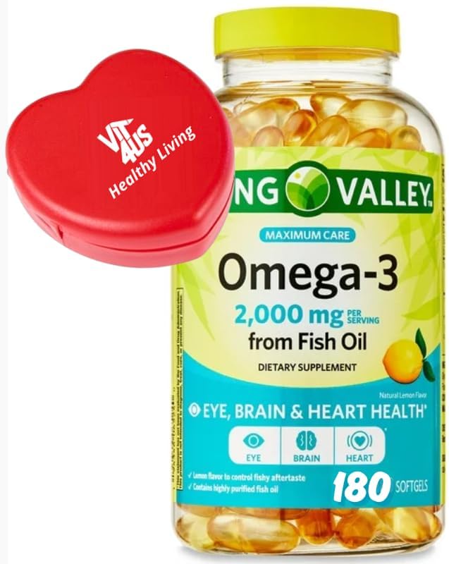 Spring Valley Maximum Care Omega-3 from Fish Oil Dietary Supplement Softgels for Eye Brain Bone &amp Heart Health 2000 mg 180 Count Pill Box.