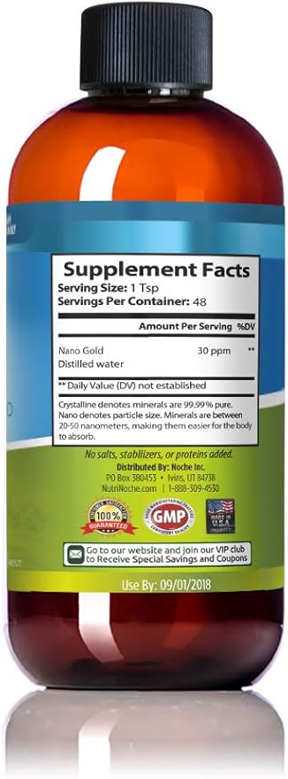 Colloidal Gold Liquid Organic Supplement by Nutrinoche - 100% Pure Nano Gold Mineral - Supports Mental Clarity Focus &amp Relaxation - 8 oz Bottle - Vegan Gluten-Free - Crystalline - 30 ppm