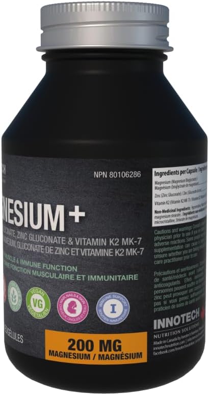 INNOTECH Nutrition Magnesium + 120 Capsules - Contains Magnesium Bisglycinate Zinc Gluconate &amp Vitamins K2 MK-7 - Maintain Proper Muscle &amp Immune Function