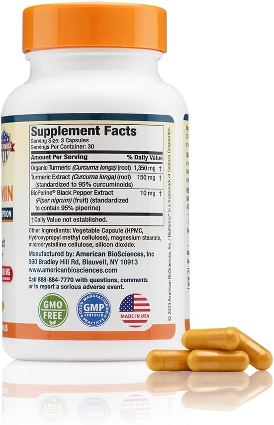 Pure USA Grown Premium Turmeric Curcumin with BioPerine 1500mg - 95% Standardized Curcuminoids &amp Black Pepper Extract for Enhanced Absorption - Natural Joint Support - 90 Capsules