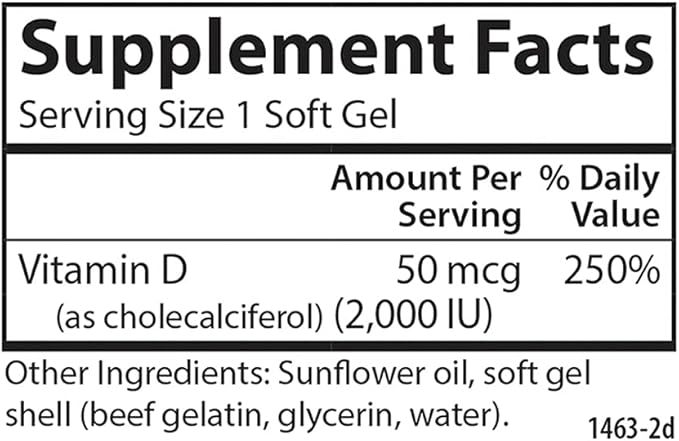 Carlson - Vitamin D3 2000 IU (50 mcg) Bone Health Muscle Health Cholecalciferol Vitamin D Supplements Vitamin D3 Soft Gels 360 Softgels