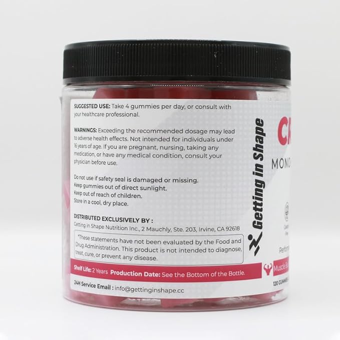Getting in Shape Creatine Monohydrate Gummies - 5000mg Creatine Raspberry Flavor 120 Count - Vegan Sugar-Free Boosts Performance &amp Recovery