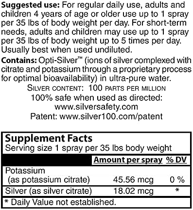 Silver 100 Ionic Silver Complex with Opti-Silver Optimized Delivery System for Immune Support - 100 ppm 2oz (59.2mL) - Spray