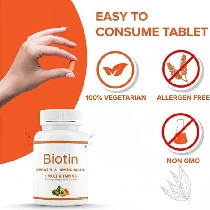 Beard Biotin- 100% Vegan 60 Tablets (Pack of 1) | Promotes Stronger &amp Thicker Beard Growth Powered with Vitamin A Vitamin E Vitamin B7 Keratin &amp Amino Acids