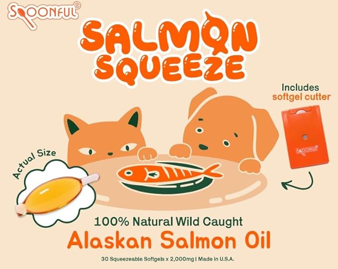 Spoonful Salmon Squeeze - 100% Natural Wild-Caught Alaskan Salmon Oil – 2000 mg Omega-3 Softgel 30 Squeezeable Softgels | DHA EPA &amp Natural Astaxanthin Non-GMO Sustainable Made in USA (30)