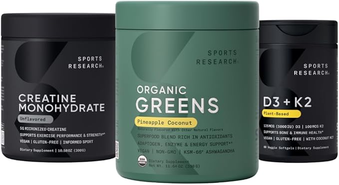 Sports Research® Organic Greens Superfood Powder w/Spirulina &amp Chlorella Adaptogens Enzymes Probiotics 8 VIT Bs D3 5000iu with Vitamin K2 100mg and Creatine Monohydrate