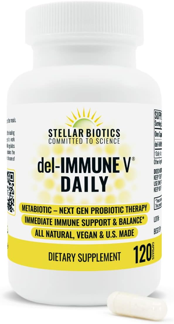 Del-Immune V® Daily by Stellar Biotics All-Natural Immune Support &amp Gut Health Immediate Care Metabiotic: NextGen Probiotic Therapy (120 Caps)