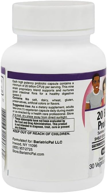 BariatricPal Probiotic 20 Billion CFU Gastrointestinal &amp Immune Health Capsules (30 Count)