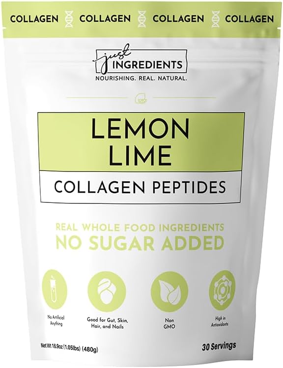 JUST INGREDIENTS Lemon Lime Collagen Peptides – 30 Servings – Supports Joint Skin Hair &amp Nail Health with Grass-Fed Hydrolyzed Collagen Types I &amp III – Refreshing Lemon Lime Flavor