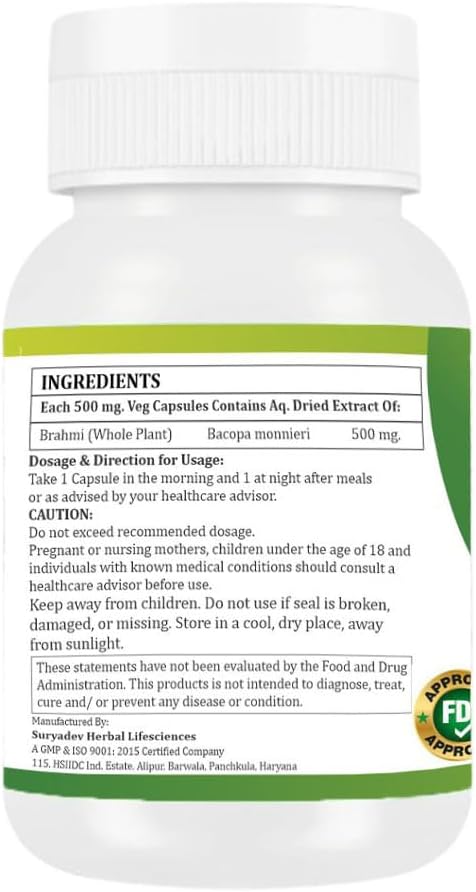 Brahmi Capsules | Bacopa Monnieri Extract | 500mg Each | Non-GMO Vegan Gluten-Free | Natural Herbal Supplement | 240 Vegetarian Capsules | Pack of 4 Bottle