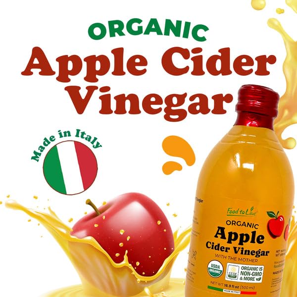 Food To Live Organic Apple Cider Vinegar 500 ml – Raw Italian Natural Vinegar with the Mother Unfiltered Unpasteurized Non-GMO Vegan Bulk Glass Bottle (Pack of 6)