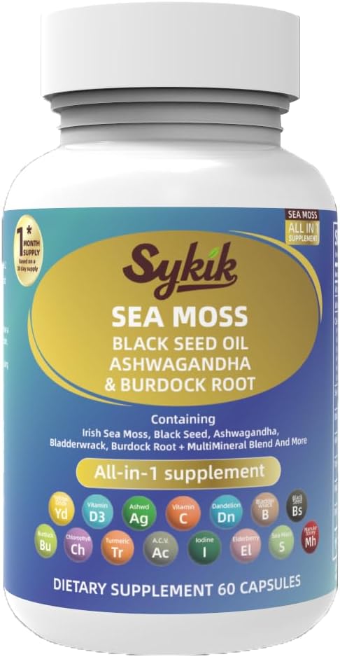 Sykik Sea Moss Black Seed Oil with Ashwagandha Turmeric Bladderwrack Burdock Vitamins C &amp D3 Elderberry Manuka Dandelion Yellow Dock Iodine Chlorophyll ACV 60 Capsules