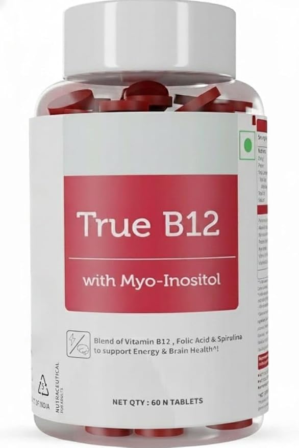 Plant-Based True B12 Supplements for Men &amp Women Folic Acid &amp Spirulina | Supports Energy Better Absorption (60 Tablets)