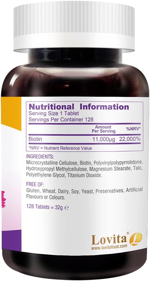 LOVITA Maximum Strength 11000mcg Biotin: Fast-Dissolving Vegetarian Tablets - Easily Absorbed Gluten &amp Dairy-Free 128 Vegan-Friendly Tablets (Pack of 3)