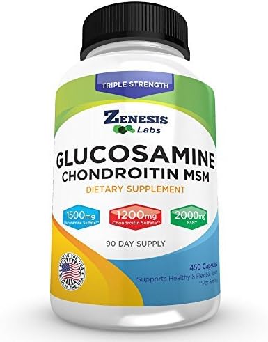 Zenesis Labs Glucosamine Sulfate + Chondroitin + MSM Combination Joint &amp Cartilage Supplement 450 Capsules (Bulk 90 Day Supply) 1500mg 1200mg 2000mg per Serving