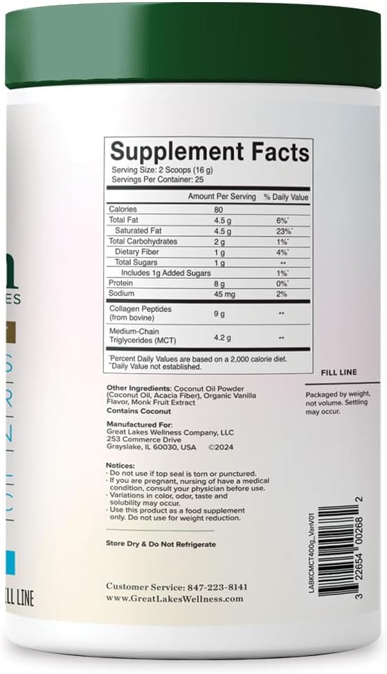Great Lakes Wellness Keto Boost Advanced Collagen Peptides Powder with 4.2g MCTs - Vanilla Flavored - Nutritiously-Rich Non-Dairy Coffee Creamer or Smoothie Alt - Non-GMO Kosher - 14.1 oz