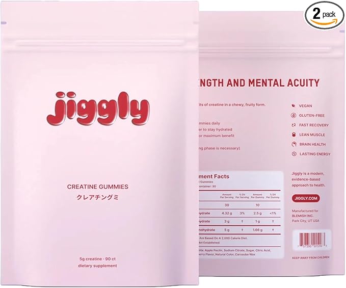 Jiggly Creatine Monohydrate Gummies for Men &amp Women Boost Focus Strength and Endurance Anti-Melting Formula Vegan Gluten-Free Non-GMO 5g of Creatine per Serving (Natural Strawberry 90 ct)
