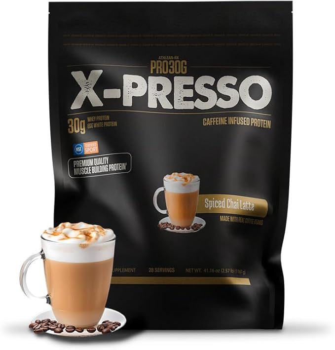 ATHLEAN-X PRO-30G Xpresso Premium Caffeinated Protein Powder Spiced Chai Latte Gluten-Free Low Sugar 30g of High Protein Powder for Muscle Recovery &amp Growth NSF Certified for Sports