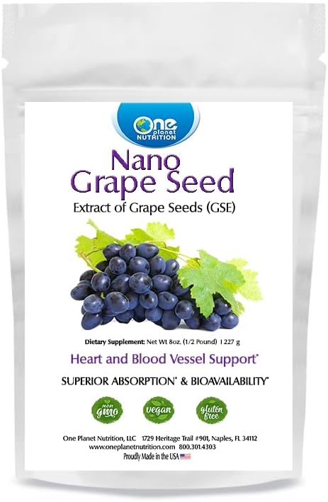 One Planet Nutrition Nano Grape Seed Powder 8 oz (227 Servings) - Nano Particle Size Vitis Vinifera Extract for High Absorption - Supports Skin &amp Cardiovascular Health - Non GMO Vegan Gluten Fre