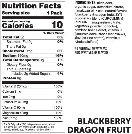 ZYN Electrolyte Drink Mix Hydration Packets BlackBerry Dragonfruit Electrolytes Powder Hydration Packets w/Turmeric Curcumin Vitamin C &amp D Zinc Hydrate &amp Recover Electrolyte Powder Pack