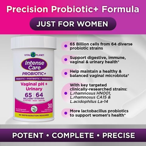 Vital Planet - Intense Care Vaginal pH &amp Urinary Probiotics for Women Plus Organic Prebiotics Postbiotics and Parabiotics 65 Billion CFU and 64 Strains Immune and Digestive Health 30 ct