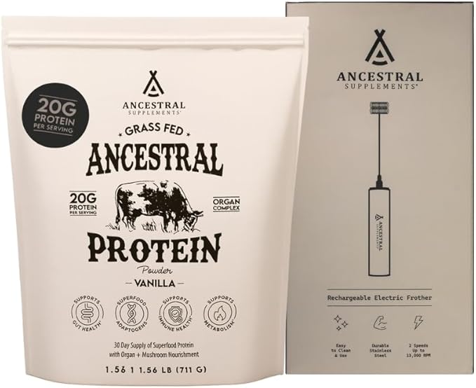Ancestral Supplements Vanilla Protein Bundle &amp Frother Wand – Grass Fed Beef Organ Blend with 20g Protein Gut Health Support &amp Organic Mushrooms Rechargeable Electric Frother Wand (Double Wh